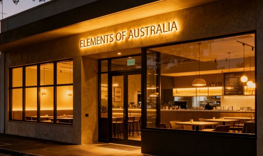Modern Australian restaurant exterior with illuminated signage — tips for choosing the best restaurant name