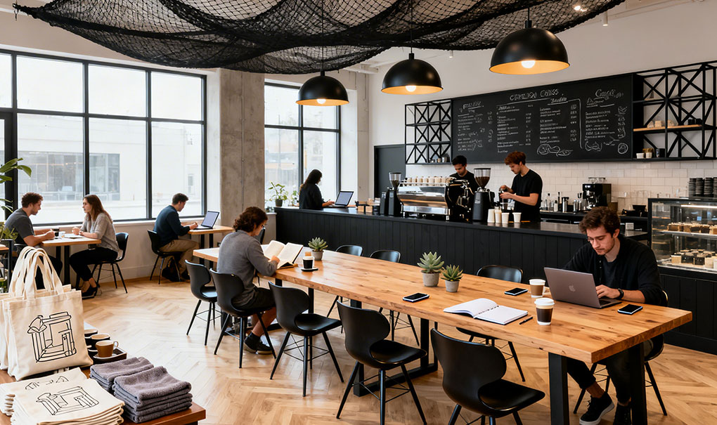 Clean, well-presented Australian restaurant dining room with view through to commercial kitchen