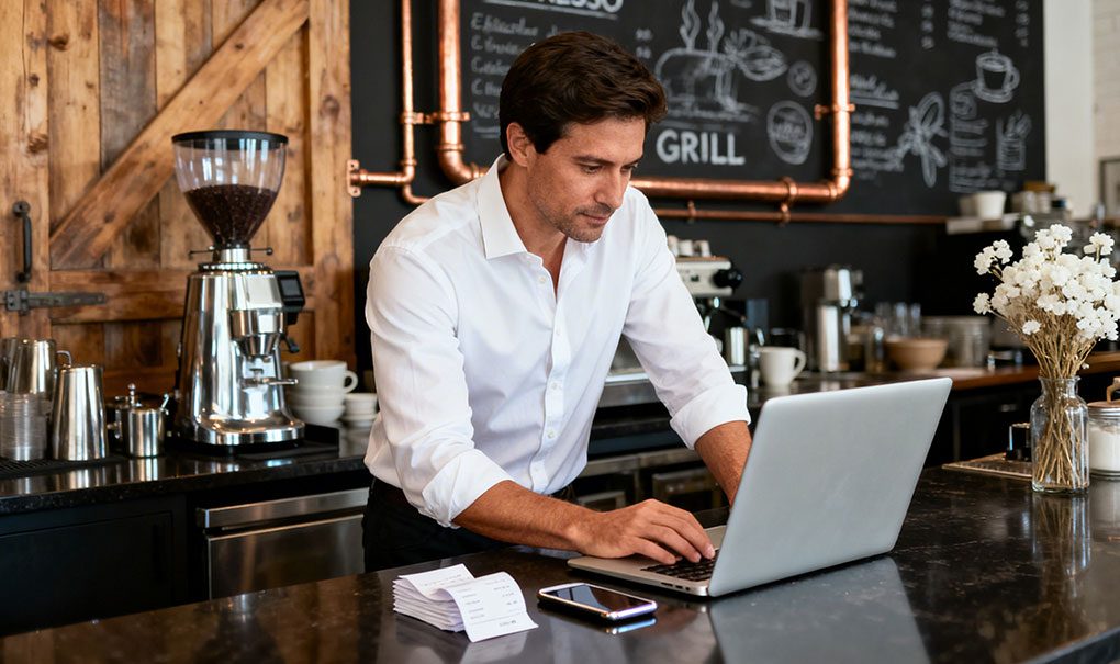 Restaurant owner at the pass in a busy Australian commercial kitchen