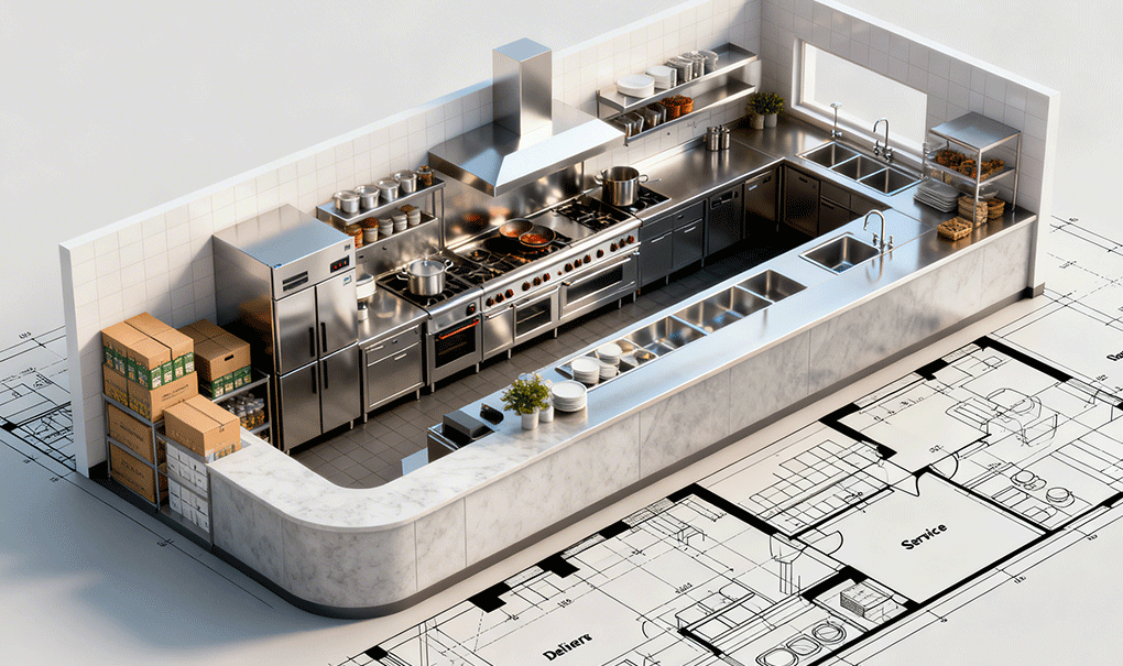 Commercial kitchen layout diagram showing the six zones — delivery, storage, prep, cooking line, service and wash-up