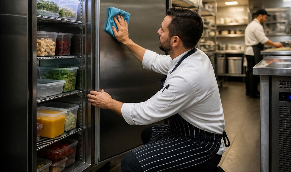 Chef cleaning the interior shelves of a stainless steel commercial fridge in a professional kitchen