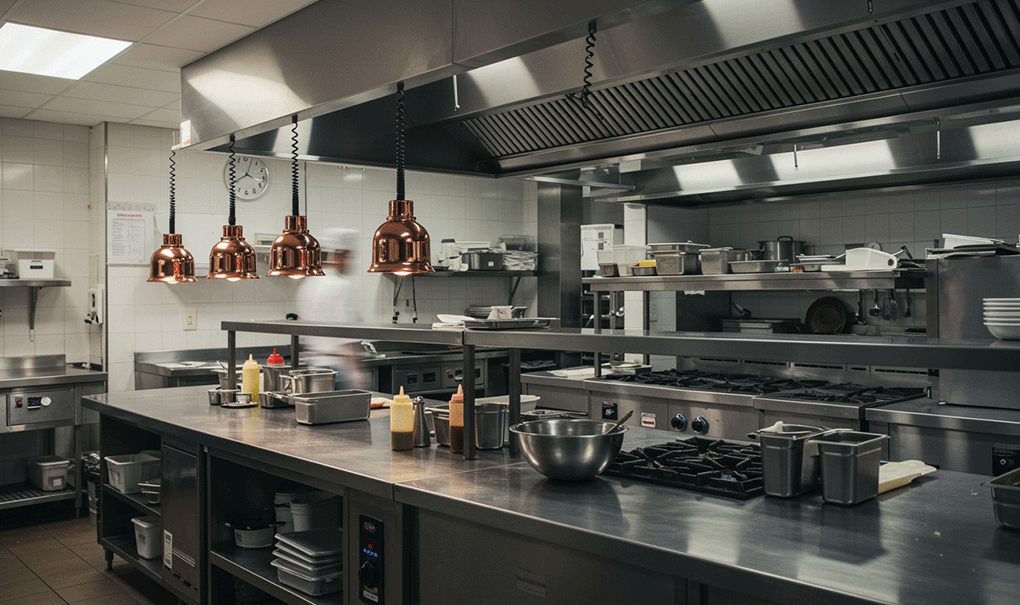Modern Australian commercial kitchen with stainless steel prep benches, gas cooktops and professional restaurant equipment