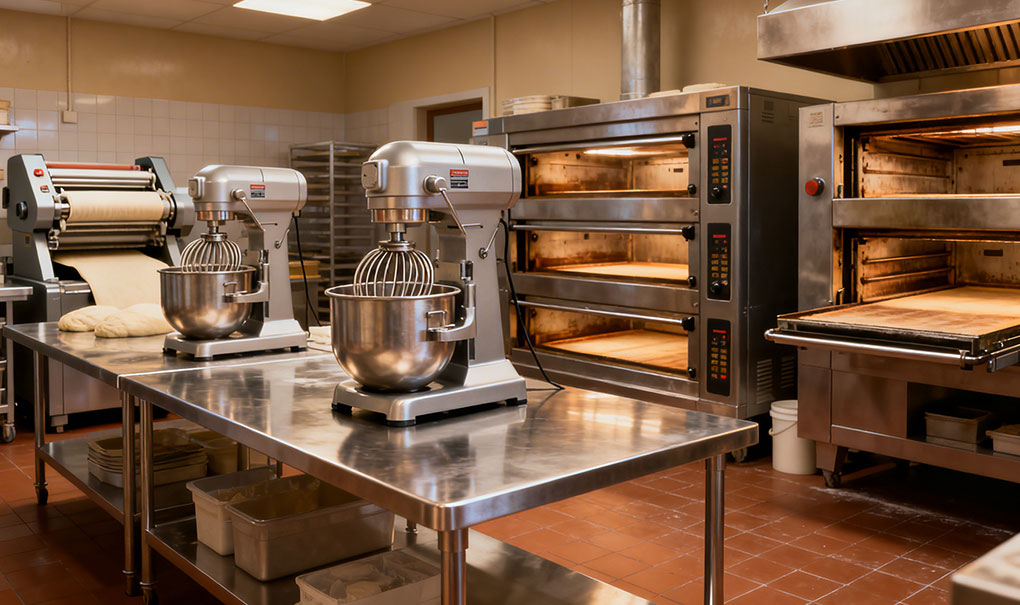 Commercial bakery kitchen interior with spiral mixer, dough sheeter and deck oven — essential bakery equipment guide