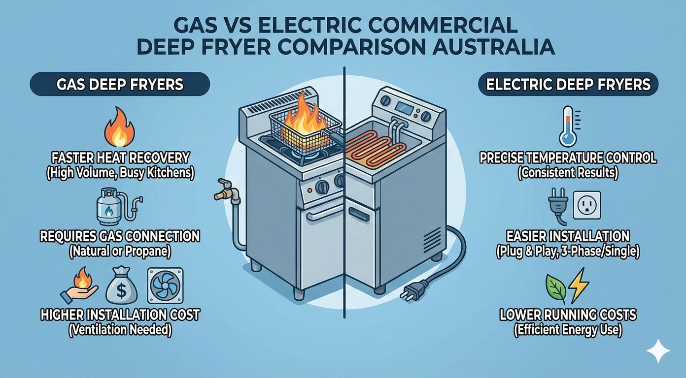 Gas vs electric commercial deep fryer comparison showing differences in heat recovery, installation requirements, temperature control, and running costs for Australian commercial kitchens.