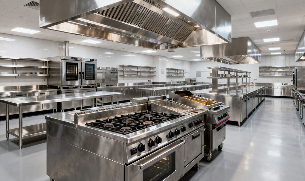 Professional hotel kitchen interior showing stainless steel cooking line, combi oven and benches