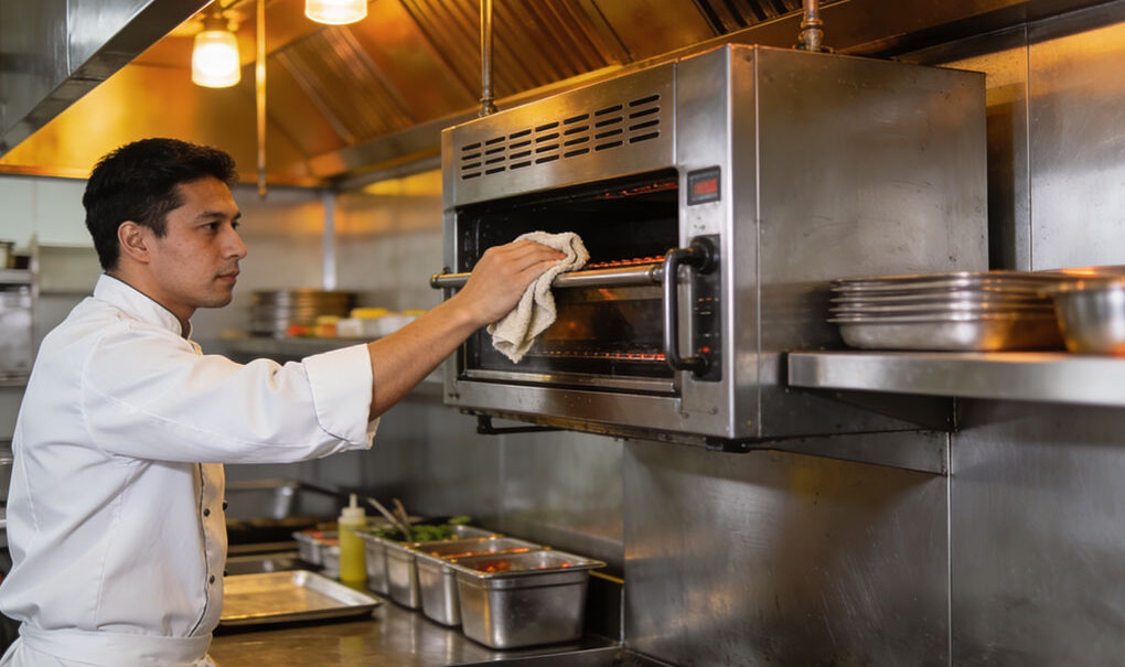 Chef maintaining commercial kitchen equipment in a stainless steel restaurant kitchen