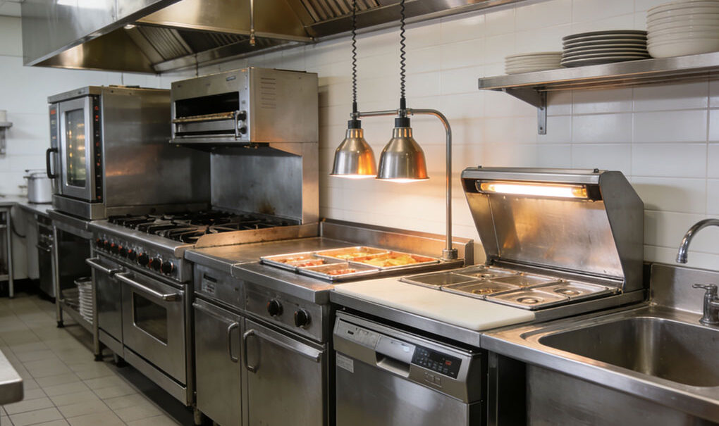 Commercial catering equipment including bain maries and hot food displays in a professional kitchen