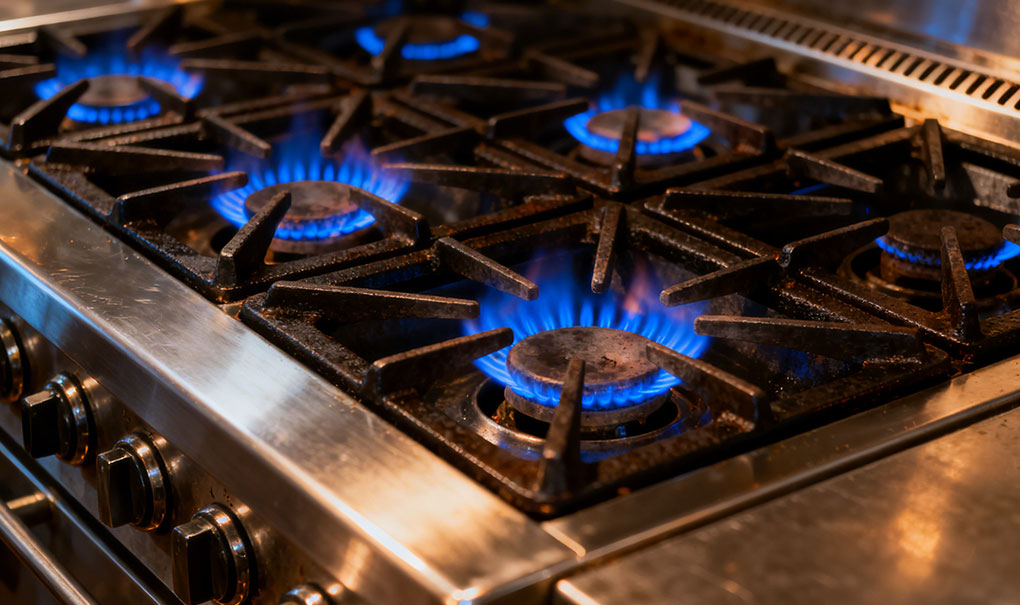 Commercial gas cooktop with open burners in a professional Australian restaurant kitchen