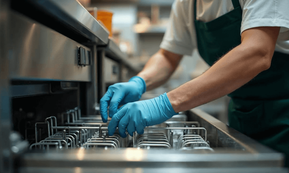 Kitchen hand cleaning filters inside a commercial dishwasher in an Australian restaurant