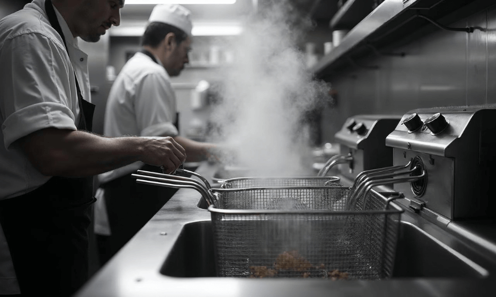 Chef draining and scrubbing a commercial deep fryer in an Australian restaurant kitchen