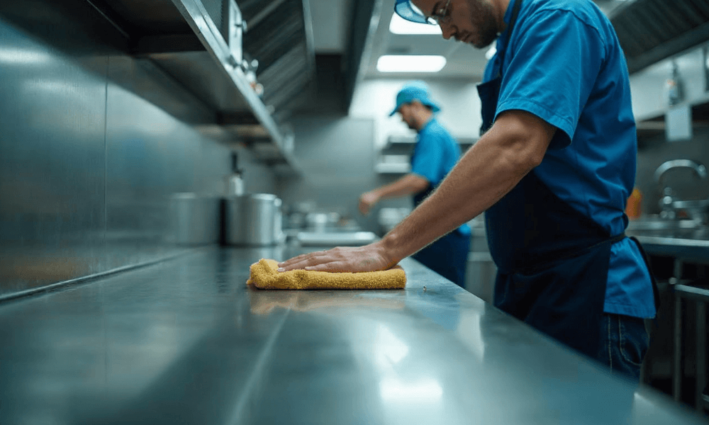Worker polishing a stainless steel bench in a commercial kitchen in Australia