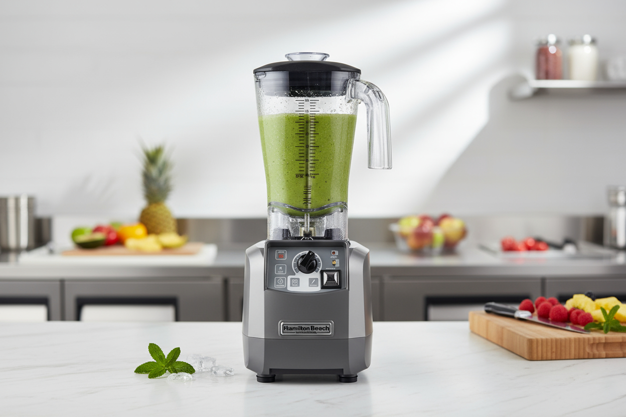 A gray commercial blender making a bright green smoothie on a clean counter, with fresh pineapple and berries visible in the background.
