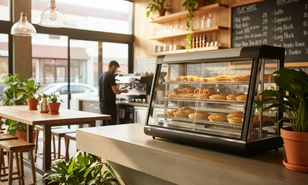 close-up of benchtop pie warmer with golden pastries inside a stainless steel cabinet