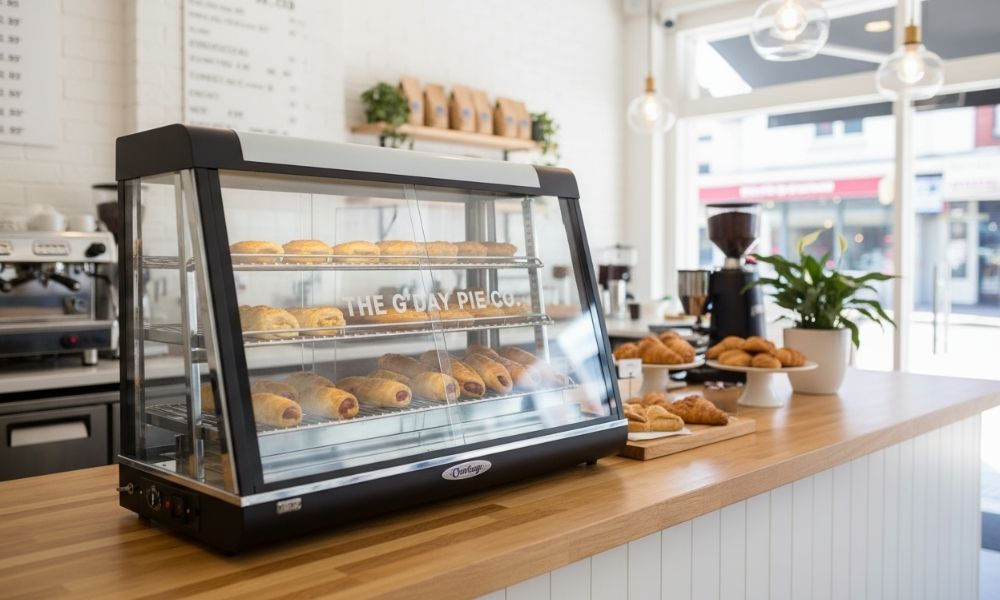commercial pie warmer on café counter displaying hot meat pies and sausage rolls
