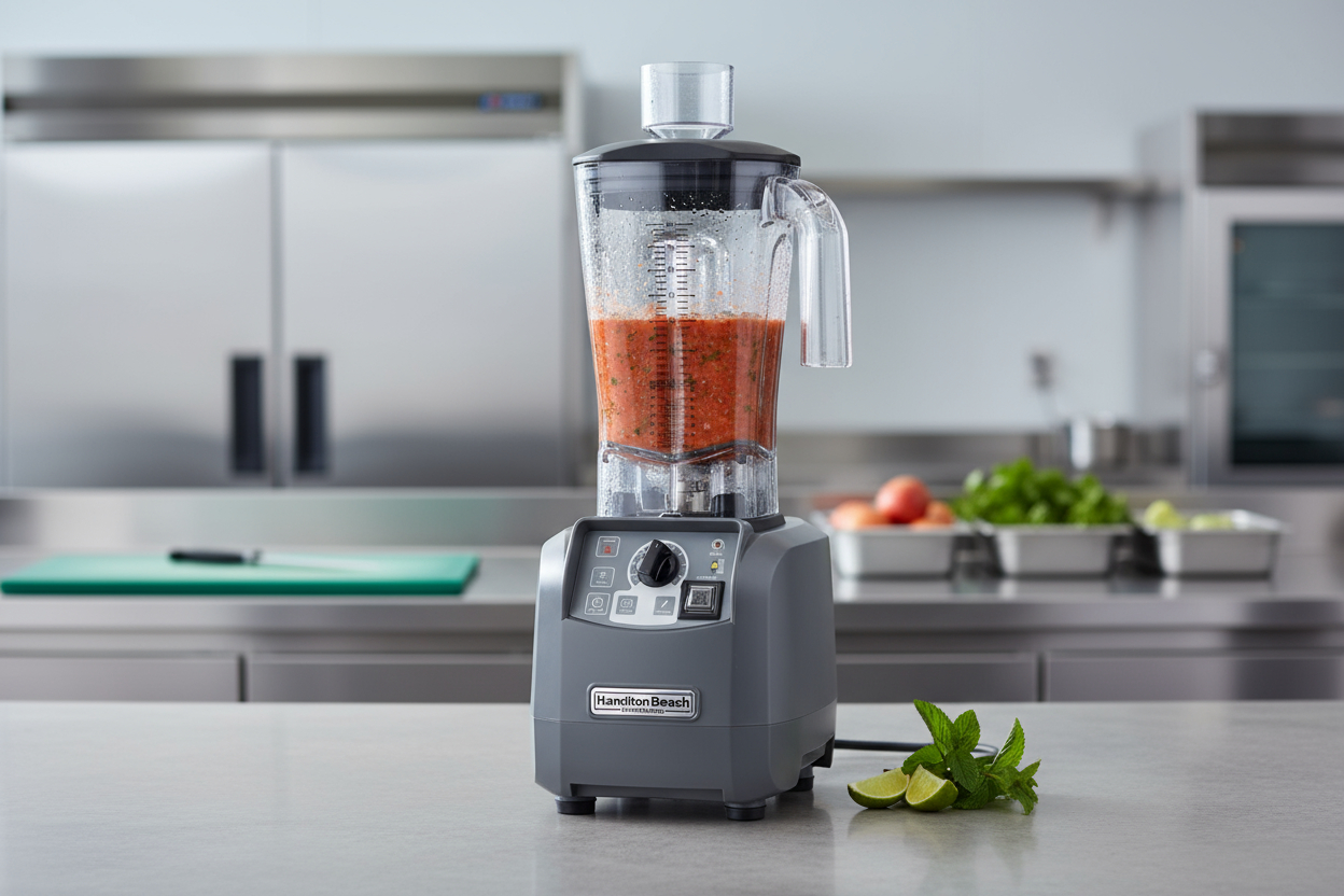 A powerful gray Hamilton Beach commercial blender blending a batch of red salsa or sauce on a stainless steel counter.