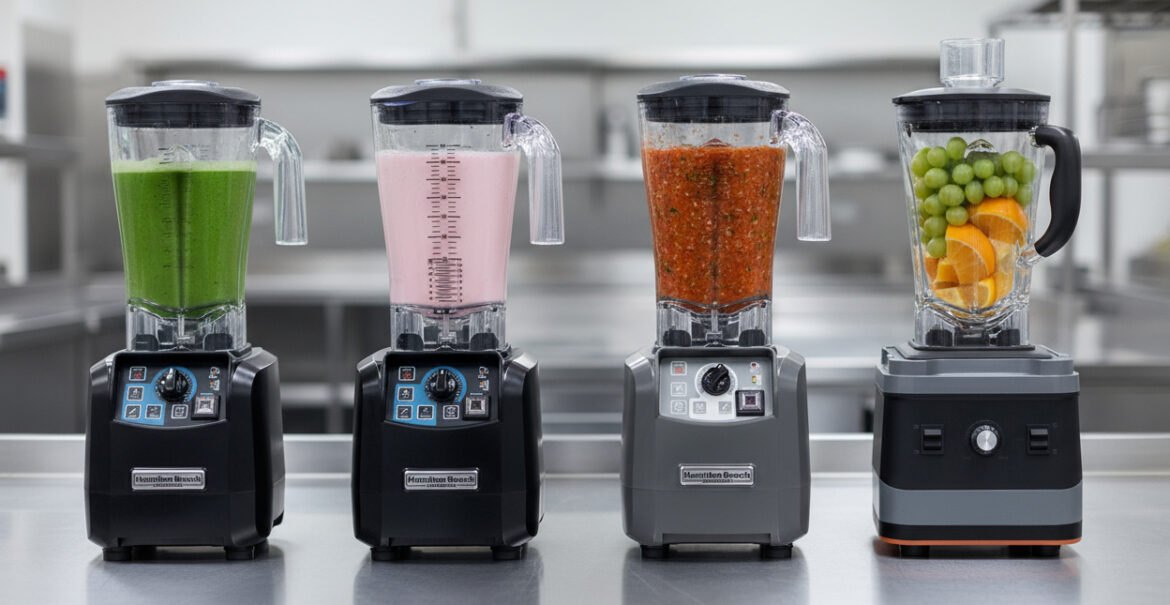 A lineup of four Hamilton Beach commercial blenders featuring different drinks: green smoothie, pink milkshake, red salsa, and a jar filled with fresh fruit.