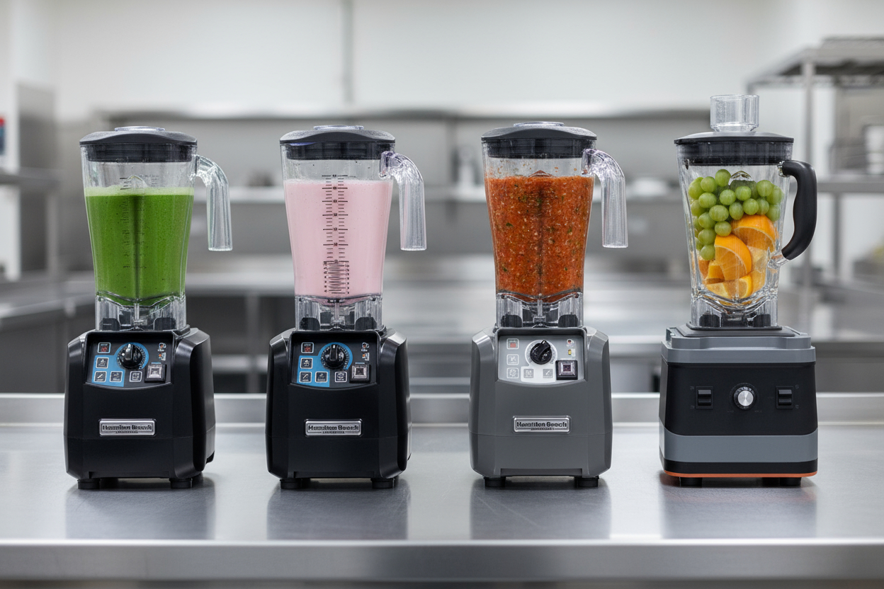 A lineup of four Hamilton Beach commercial blenders featuring different drinks: green smoothie, pink milkshake, red salsa, and a jar filled with fresh fruit.