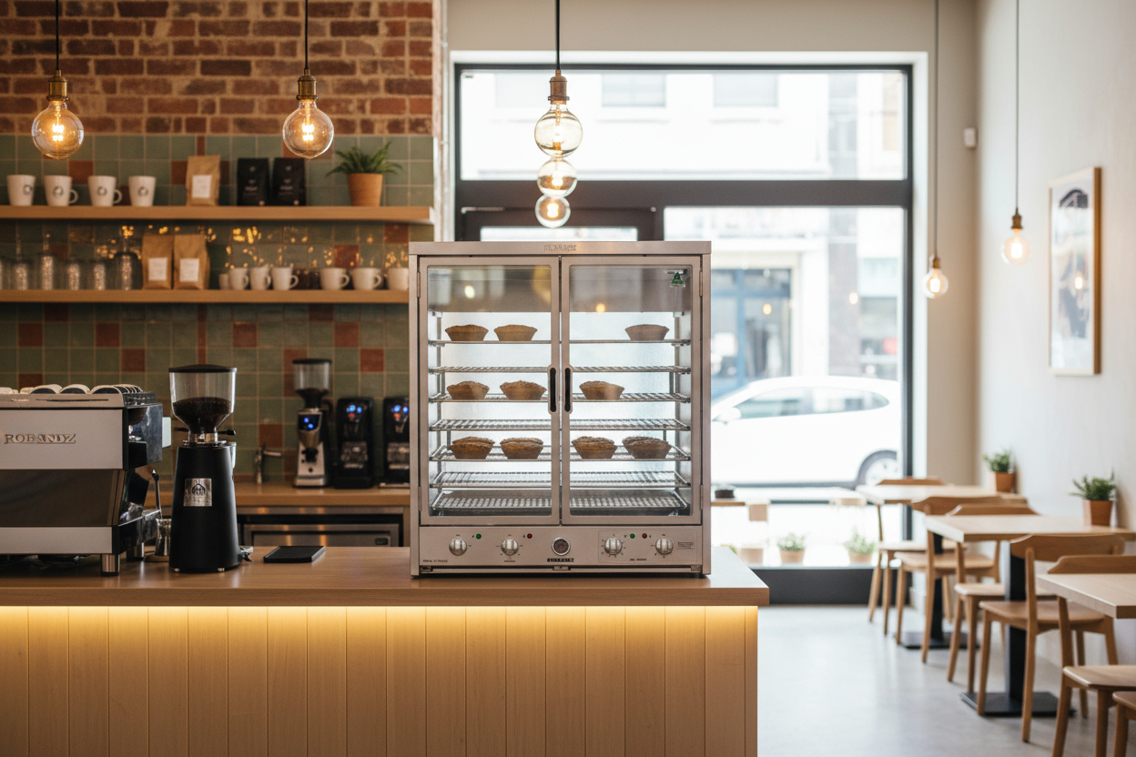 Double-door commercial pie warmer filled with freshly baked pies on a café counter under pendant lights.