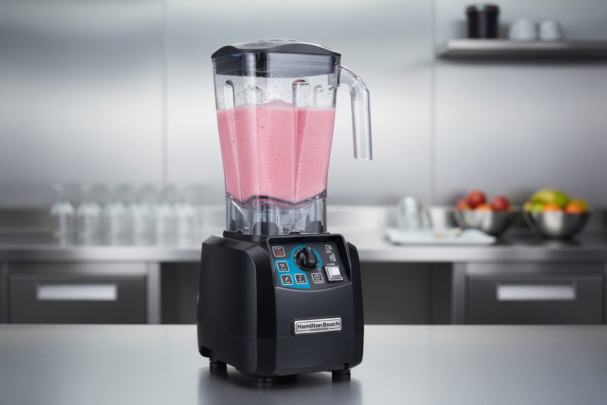 A black commercial Hamilton Beach blender containing a pink milkshake or frozen cocktail, situated in a modern commercial kitchen environment.