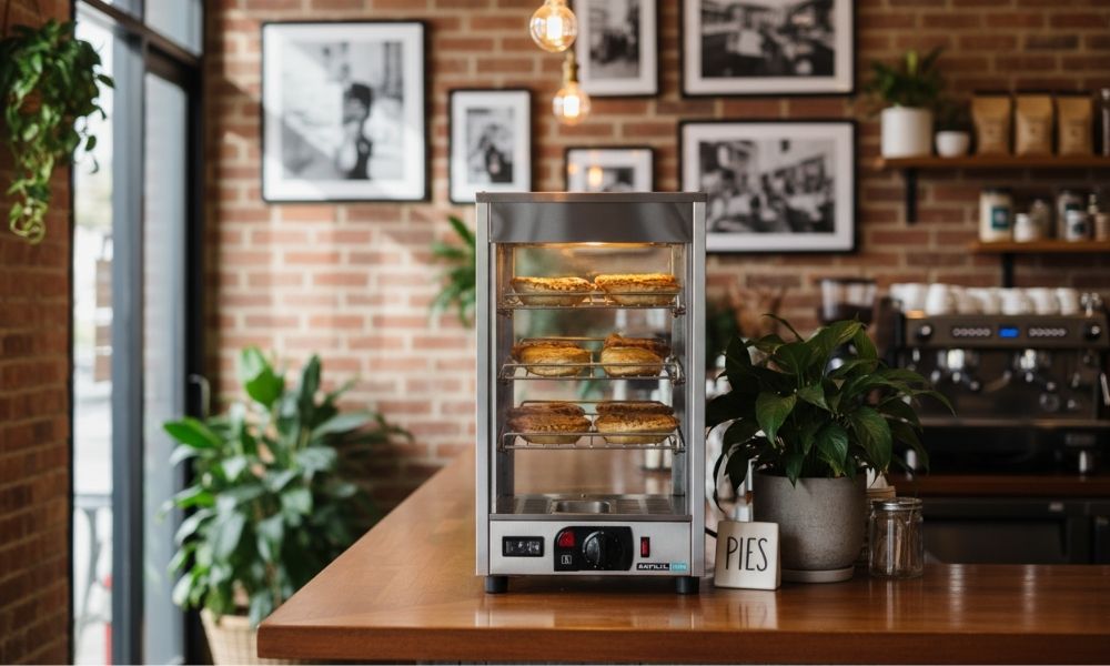 five commercial pie warmers on café bench displaying assorted hot pies