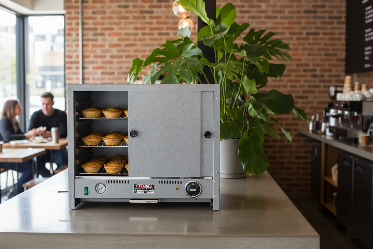 Solid-door commercial pie warmer on a café counter, filled with freshly baked meat pies beside indoor plants.