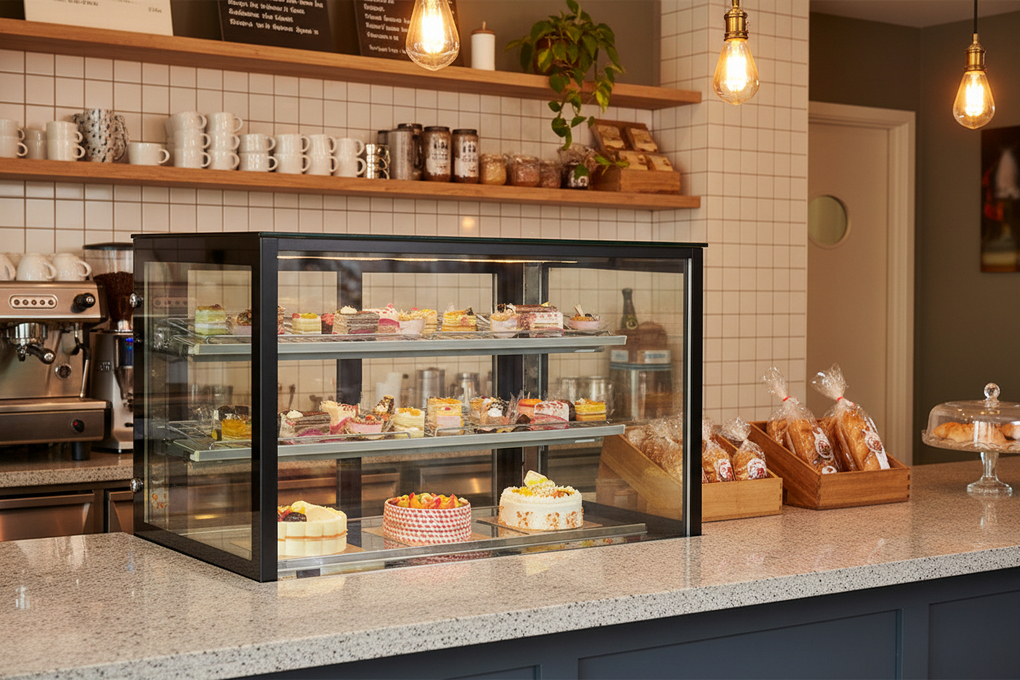Ambient display cabinet on a café counter with pastries