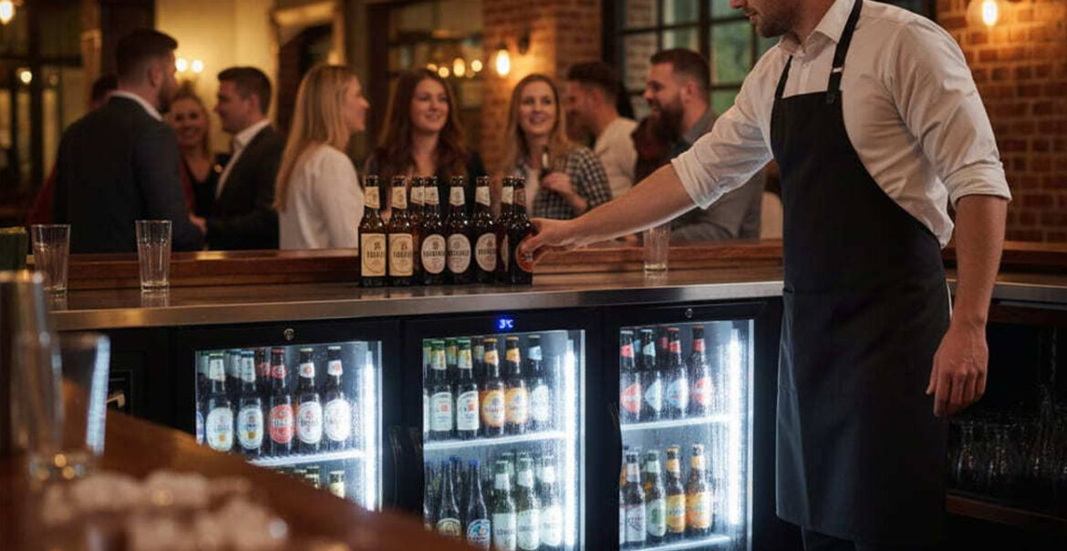 Bartender arranging beverages on a bar while a commercial bar fridge operates behind.