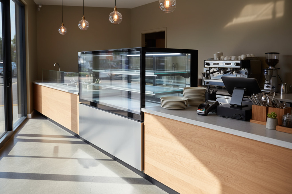 Benchtop ambient display cabinet with pastries in a café
