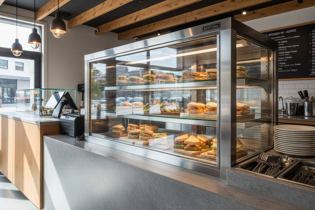 Commercial dessert display fridge in a restaurant with plated desserts