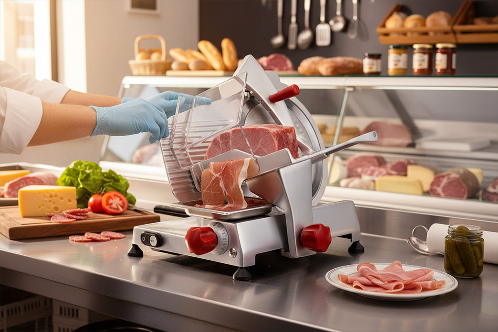A close-up view of thin slices of cured ham neatly stacked on a tray, freshly cut from a commercial meat slicer in a deli.