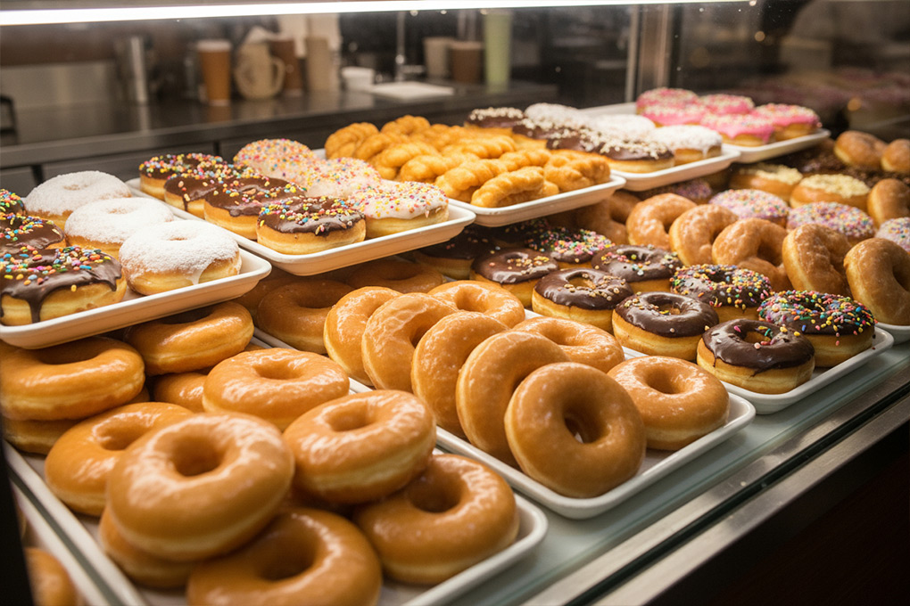 A variety of freshly made and decorated donuts displayed neatly on trays in a glass display case at a bakery, with rows of plain, sugar-dusted, chocolate-glazed, and sprinkle-covered donuts.
