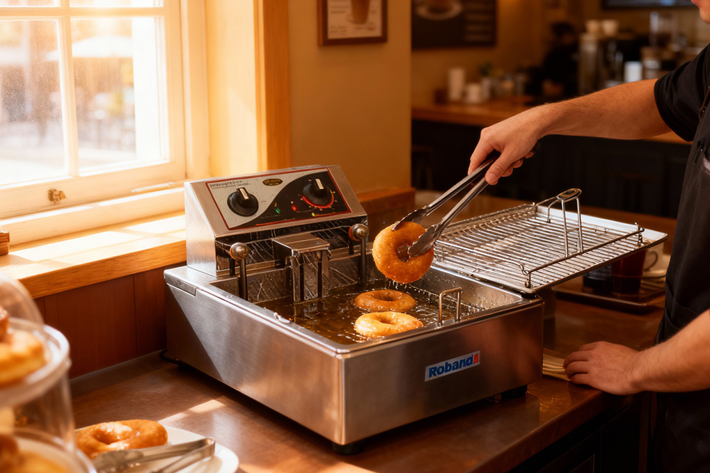 Manual batch commercial donut fryer on a café counter