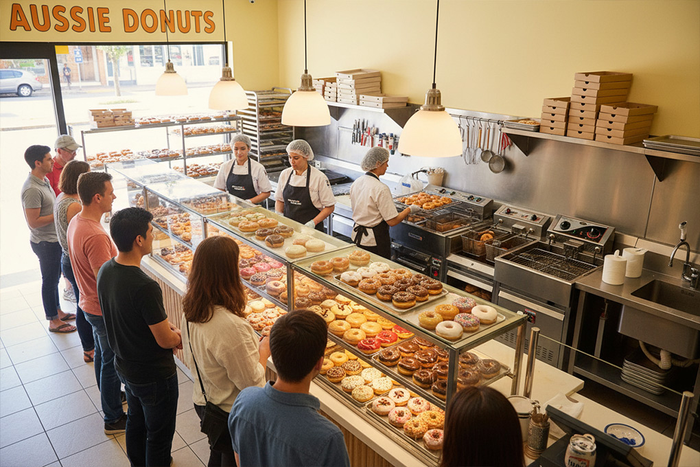 Automated conveyor donut fryer installation in a large donut shop