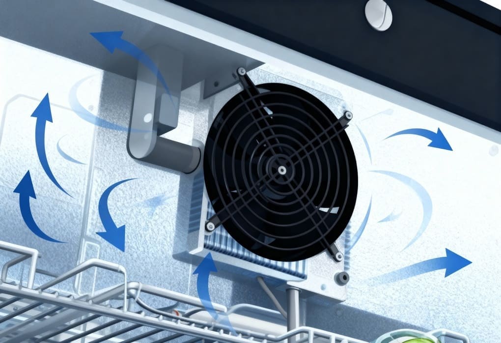 Diagram showing fan-forced cooling airflow used inside commercial bar fridges.