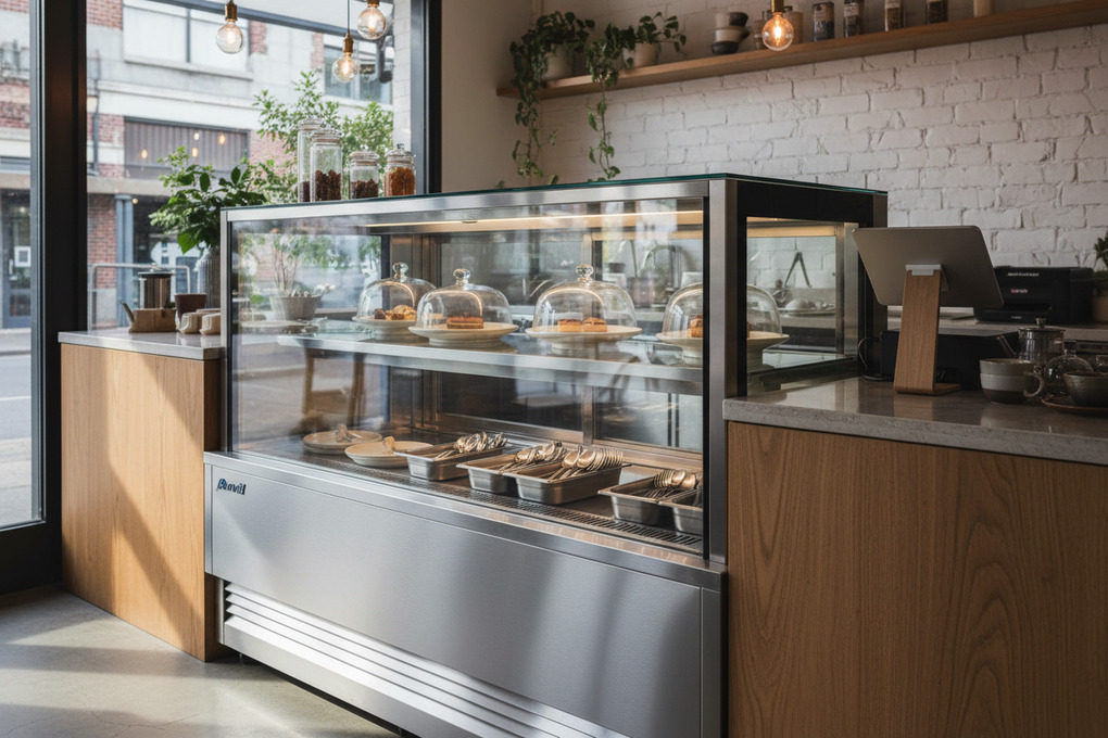 Food display fridge on a café counter in natural daylight
