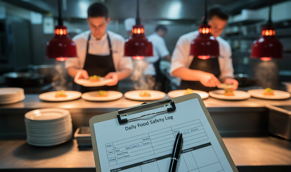 Daily Food Safety Log checklist on a clipboard in a commercial kitchen, demonstrating compliance with Food Safety Standards.