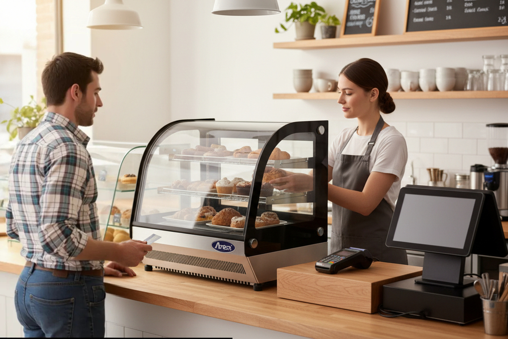 Large ambient display cabinet in an empty modern café