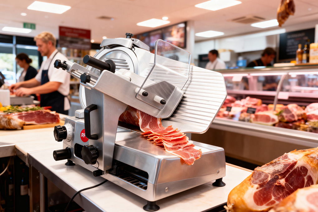 Butcher slicing a large joint of cured meat in a professional deli counter with large hams visible.