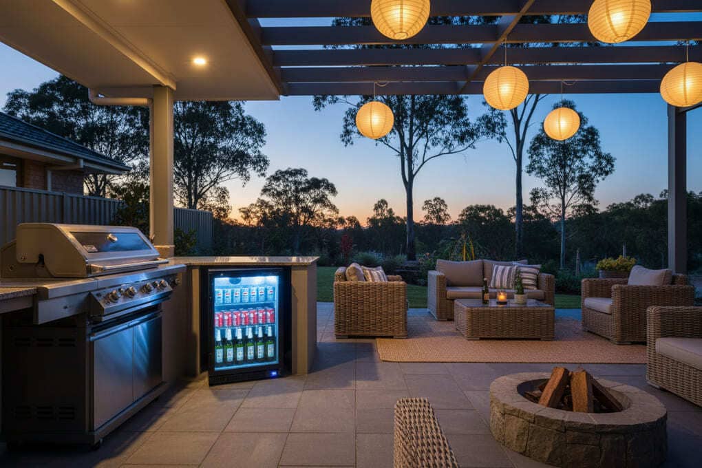 Bar fridge installed in a home outdoor entertaining area beside a BBQ.