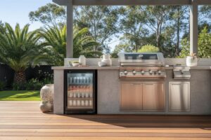 Outdoor entertainment bench with a bar fridge and BBQ setup in a landscaped yard.
