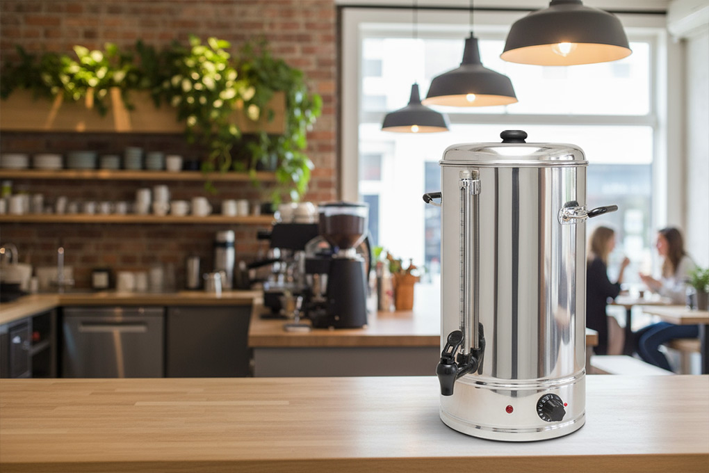 Commercial hot water urn — double-skinned insulation for energy efficiency and cool-touch safety