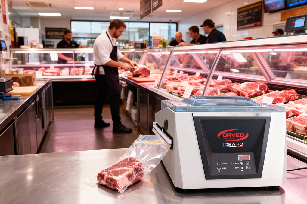 Commercial butcher shop using an Orved IDEA 40 vacuum sealer to pack meat portions
