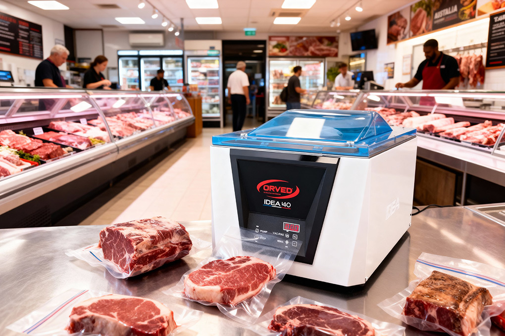 Orved IDEA 40 commercial vacuum sealer on a butcher’s counter vacuum sealing steaks