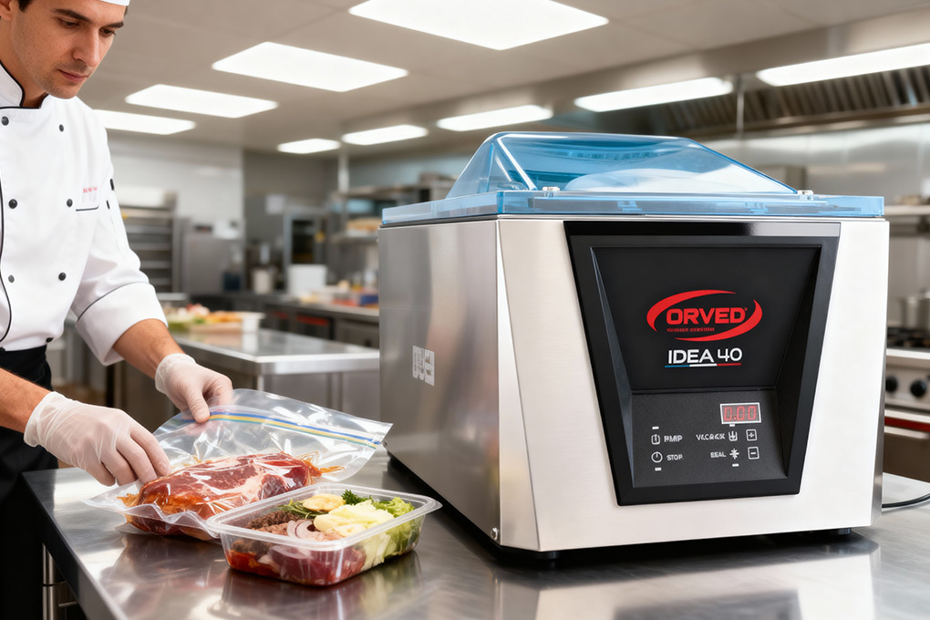 Chef vacuum sealing marinated meats beside the Orved IDEA 40 in a commercial kitchen