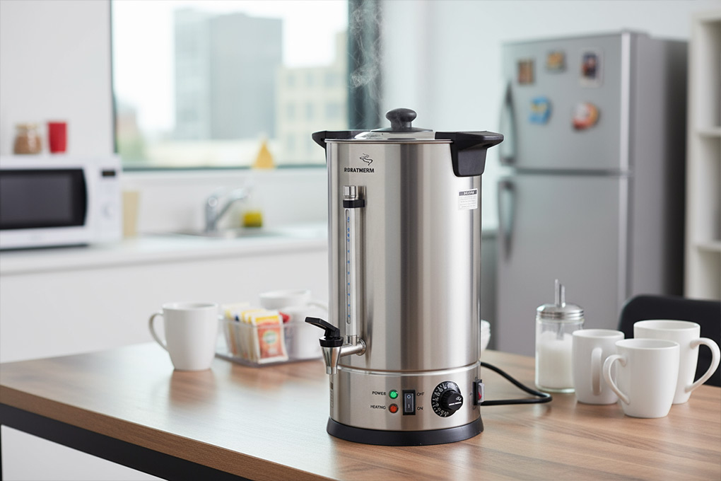 Commercial hot water urn providing high-volume service for events and catering