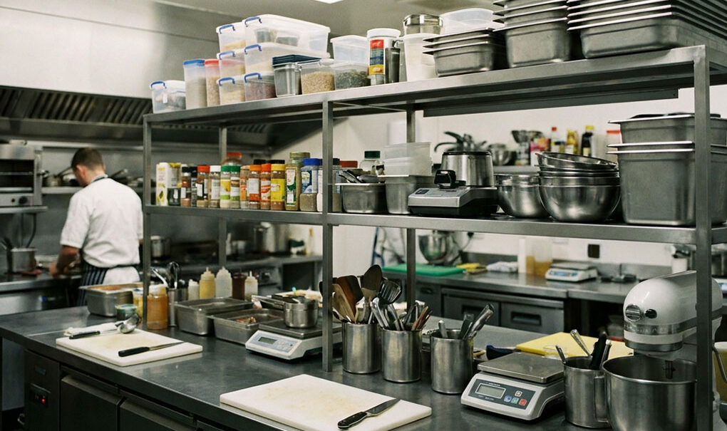 Stainless steel overshelves mounted above a commercial kitchen bench with containers and equipment