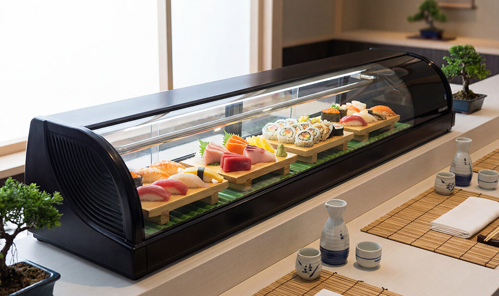 Choosing the perfect sushi display fridge requires careful consideration of its size, static cooling system, LED lighting, and counter placement to guarantee food safety and enhance visual appeal.