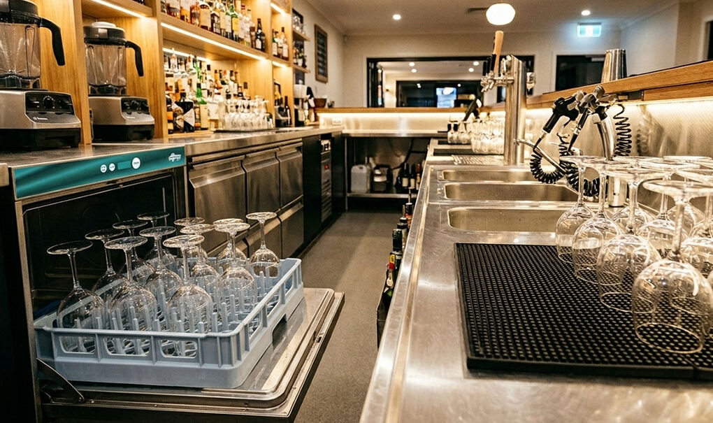 Commercial underbench glasswasher behind a bar counter with clean wine glasses — buying guide for Australian venues