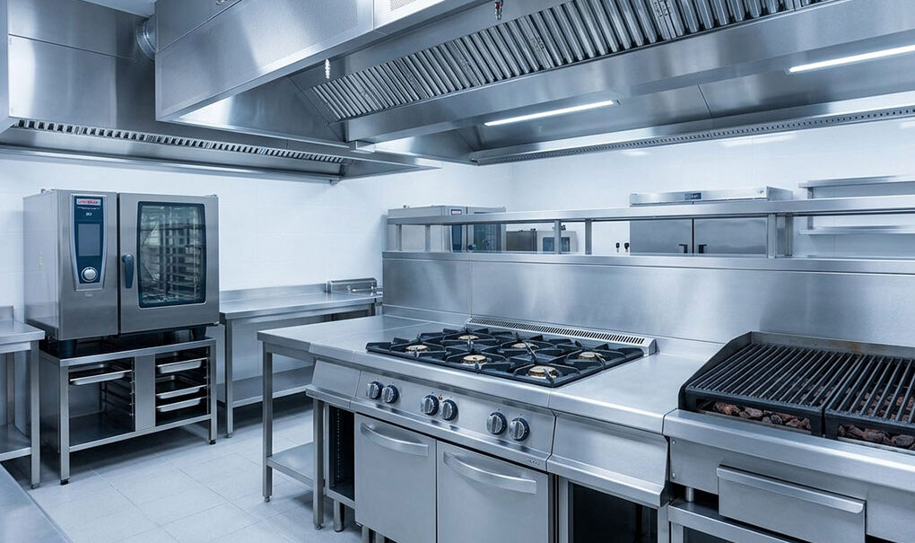 Professional commercial kitchen cooking line showing combi oven, gas stove and char grill — 19 essential cooking products guide for Australian kitchens