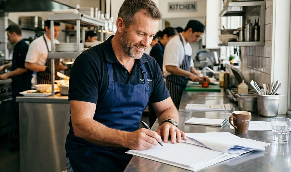 Restaurant owner reviewing commercial kitchen equipment finance options in an Australian commercial kitchen